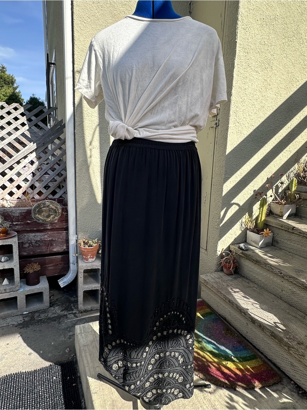 Vintage Silk Black Boho Maxi Skirt with Embroidered & Beaded Hem